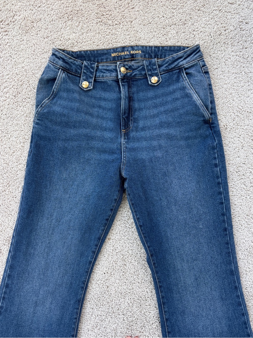 Michael Kors Mid/ Dark Blue High-Rise Stretch Jeans with Gold Hardware